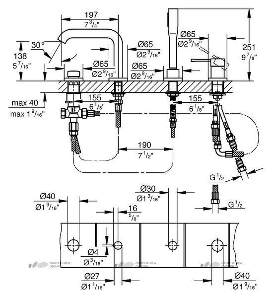 Смеситель для ванны Grohe Essence на 4 отверстия хром 19578001 19578001 фото