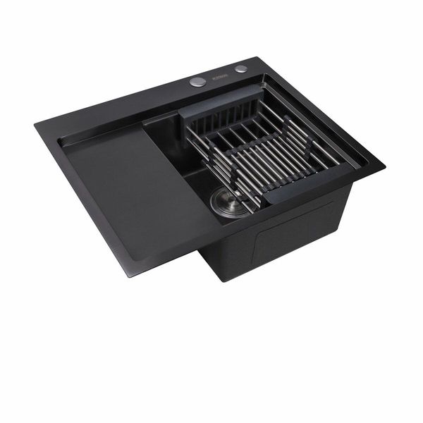 Кухонная мойка Platinum Handmade 580х480х220 R PVD черная с корзиной и дозатором 000032278 фото